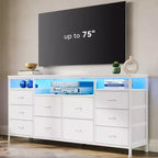 Meuble TV avec 10 tiroirs en tissu pour téléviseurs de 65/70/75 pouces, meuble de divertissement de 160 cm de large avec lumières LED et prises de courant