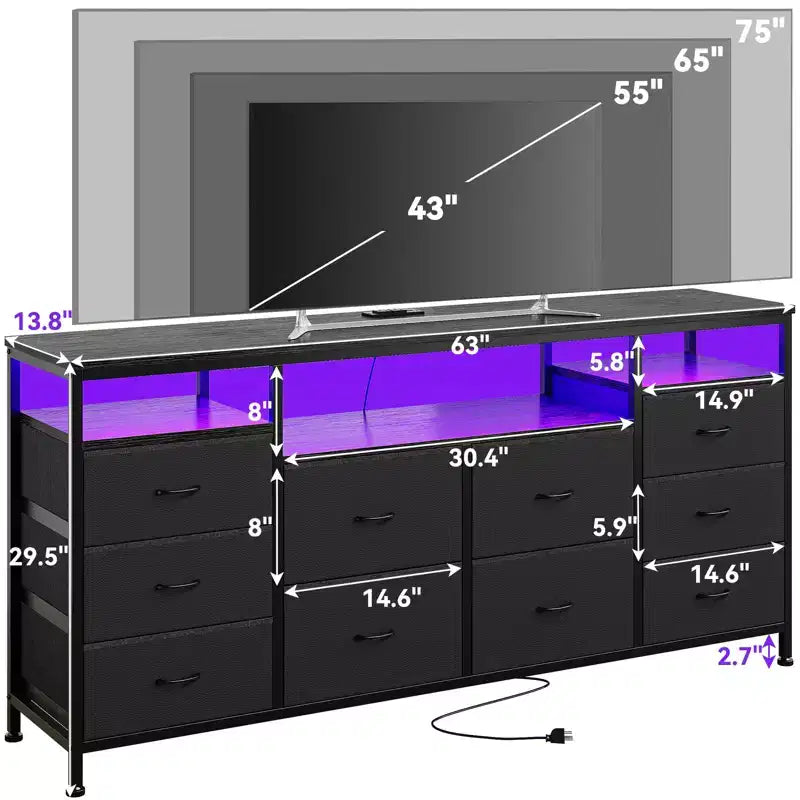 Meuble TV avec 10 tiroirs en tissu pour téléviseurs de 65/70/75 pouces, meuble de divertissement de 160 cm de large avec lumières LED et prises de courant
