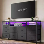 Meuble TV avec 10 tiroirs en tissu pour téléviseurs de 65/70/75 pouces, meuble de divertissement de 160 cm de large avec lumières LED et prises de courant