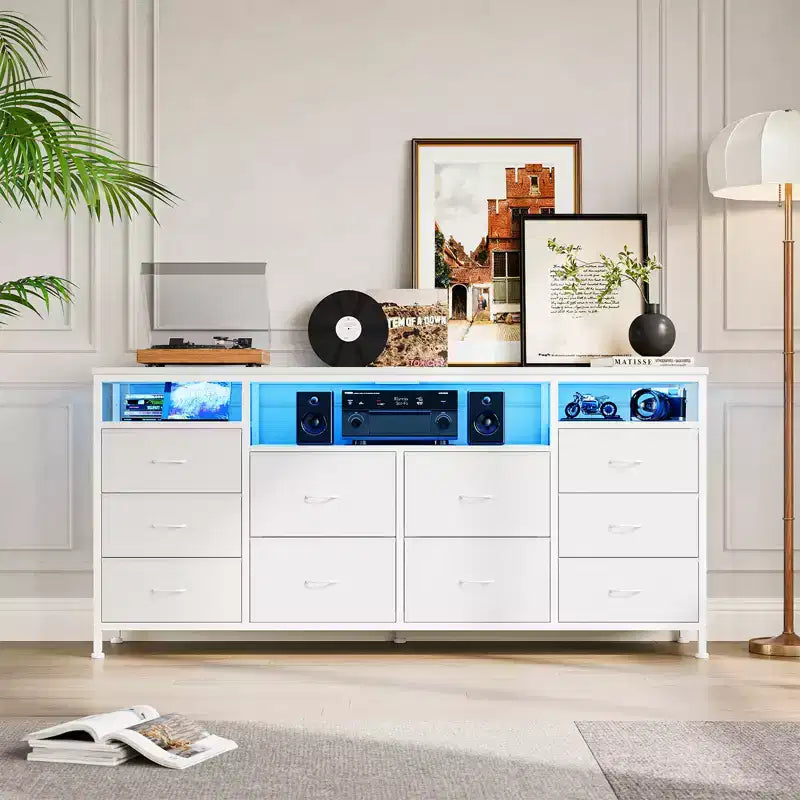 Meuble TV avec 10 tiroirs en tissu pour téléviseurs de 65/70/75 pouces, meuble de divertissement de 160 cm de large avec lumières LED et prises de courant