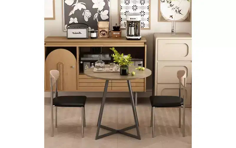 Table à manger ronde de 80 cm, petite table de cuisine avec pieds en métal noir pour 2 à 4 personnes, marron