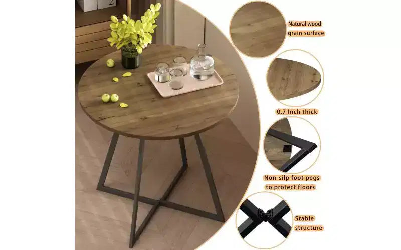 Table à manger ronde de 80 cm, petite table de cuisine avec pieds en métal noir pour 2 à 4 personnes, marron