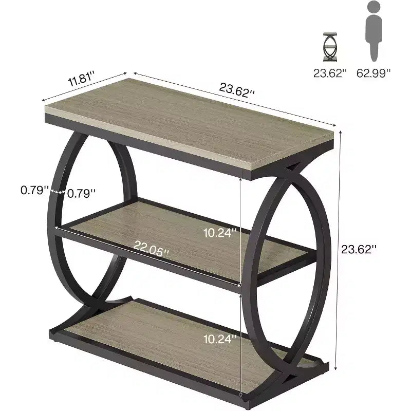 Table d'appoint Lantine, table d'appoint étroite à 3 niveaux pour salon, table d'appoint industrielle en bois avec cadre en métal pour chambre, petits espaces, gris