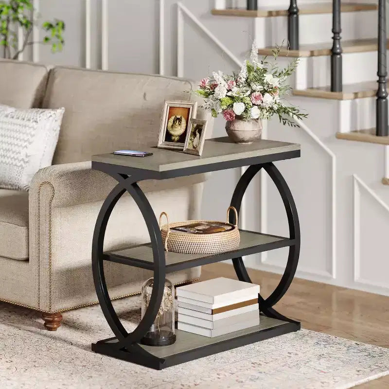 Table d'appoint Lantine, table d'appoint étroite à 3 niveaux pour salon, table d'appoint industrielle en bois avec cadre en métal pour chambre, petits espaces, gris