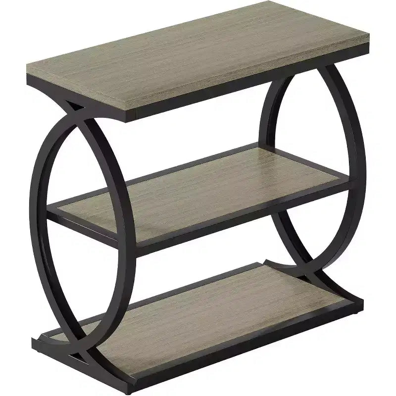 Table d'appoint Lantine, table d'appoint étroite à 3 niveaux pour salon, table d'appoint industrielle en bois avec cadre en métal pour chambre, petits espaces, gris