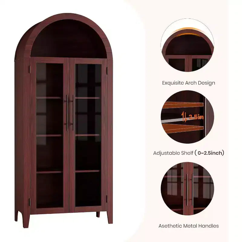 Meuble de rangement de cuisine arqué SunnyFurn, étagère d'exposition à 5 niveaux avec étagère réglable et 2 grandes portes vitrées, Noyer