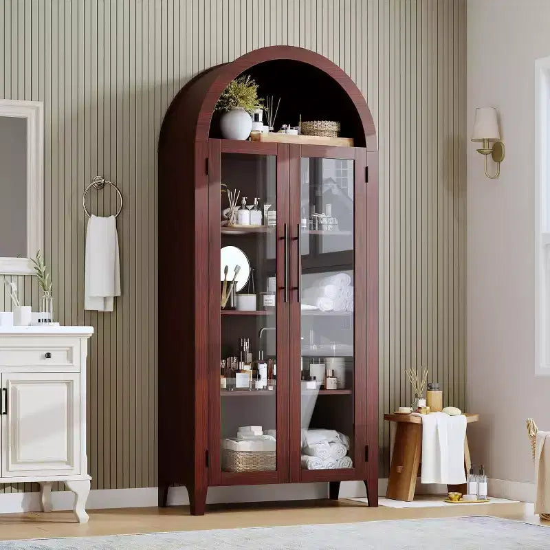 Meuble de rangement de cuisine arqué SunnyFurn, étagère d'exposition à 5 niveaux avec étagère réglable et 2 grandes portes vitrées, Noyer