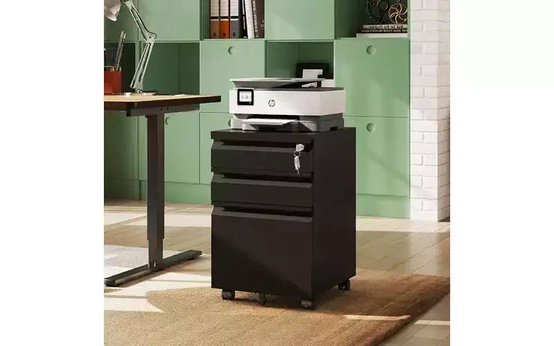 DEXYLLO Classeur à 3 tiroirs, Classeur métallique avec serrure, Meuble de rangement sous bureau avec roulettes pour bureau à domicile, Convient aux dossiers format légal/A4/Lettre
