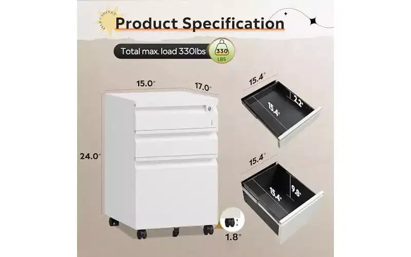 DEXYLLO Classeur à 3 tiroirs, Classeur métallique avec serrure, Meuble de rangement sous bureau avec roulettes pour bureau à domicile, Convient aux dossiers format légal/A4/Lettre