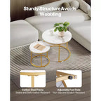 Ensemble de 2 tables basses gigognes en or blanc, tables d'appoint rondes de 60 cm en MDF imitation marbre et structure métallique pour petits espaces
