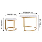 Ensemble de 2 tables basses gigognes en or blanc, tables d'appoint rondes de 60 cm en MDF imitation marbre et structure métallique pour petits espaces