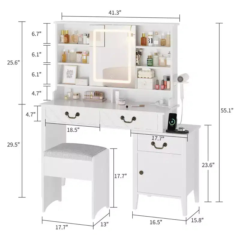 Coiffeuse blanche avec miroir coulissant, station de recharge, support sèche-cheveux, tabouret, tiroirs et rangements, table de maquillage moderne extensible pour chambre à coucher