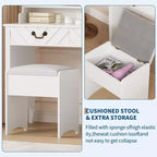 Coiffeuse blanche avec miroir coulissant, station de recharge, support sèche-cheveux, tabouret, tiroirs et rangements, table de maquillage moderne extensible pour chambre à coucher