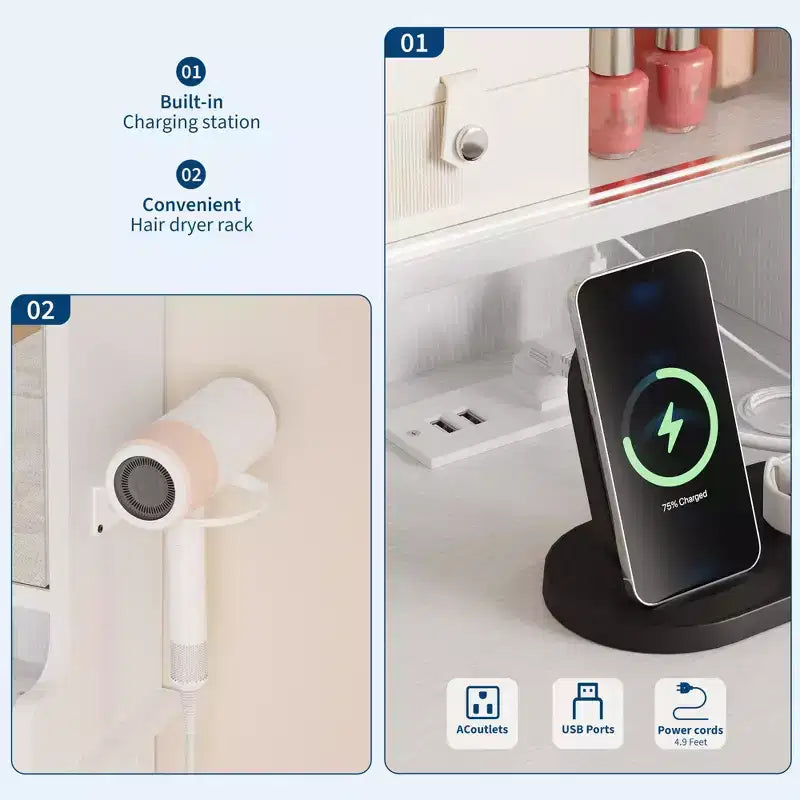 Coiffeuse blanche avec miroir coulissant, station de recharge, support sèche-cheveux, tabouret, tiroirs et rangements, table de maquillage moderne extensible pour chambre à coucher