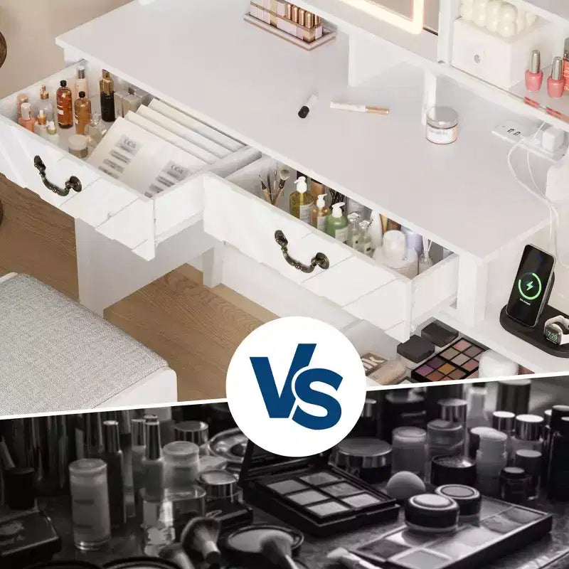 Coiffeuse blanche avec miroir coulissant, station de recharge, support sèche-cheveux, tabouret, tiroirs et rangements, table de maquillage moderne extensible pour chambre à coucher