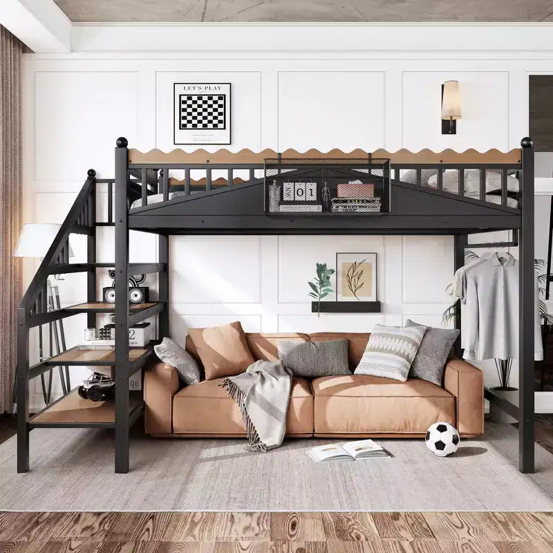 Lit mezzanine en métal ModernLuxe Twin XL/Full/Queen avec escaliers de rangement et étagères, cadre de lit mezzanine robuste, noir