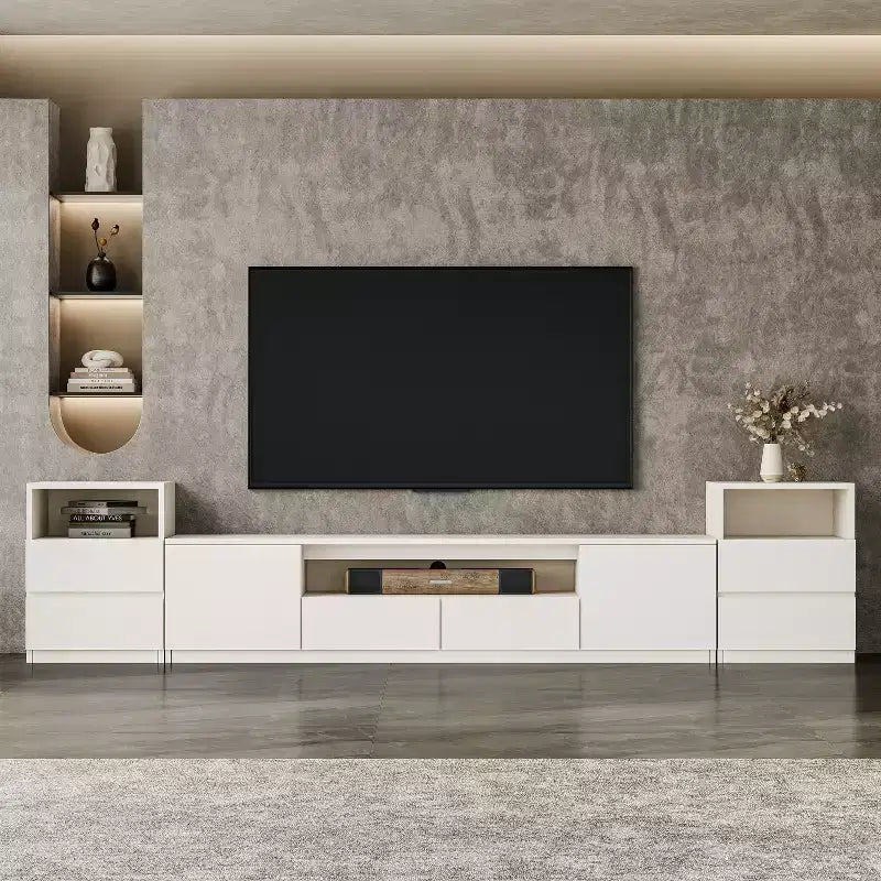 Meuble TV moderne ATJafurn de 300,2 cm pour téléviseurs de 55/65/75 pouces, console média comprenant un meuble TV et un meuble de rangement à 2 tiroirs pour le salon