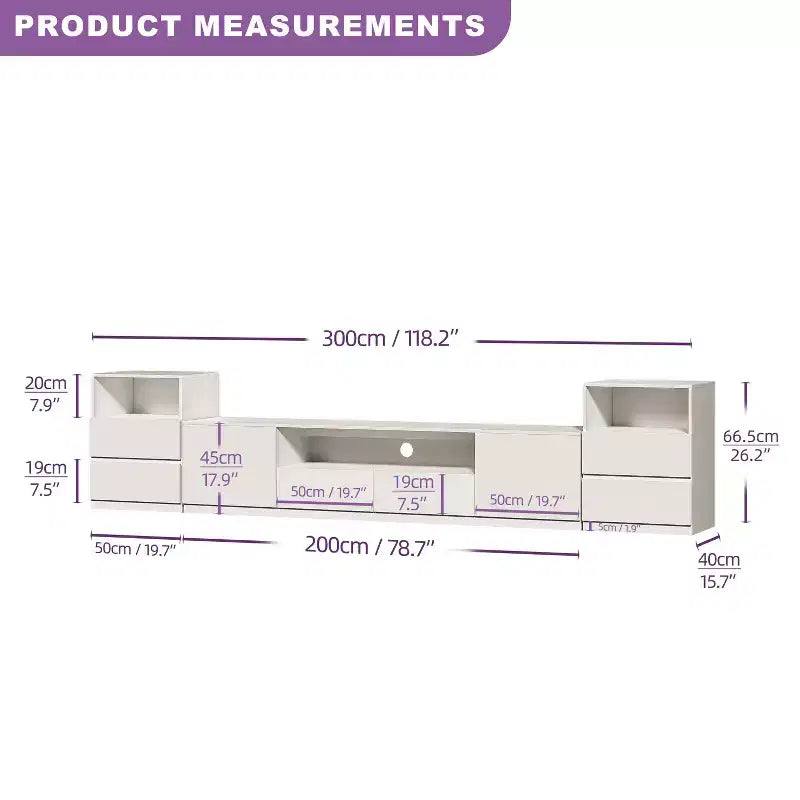 Meuble TV moderne ATJafurn de 300,2 cm pour téléviseurs de 55/65/75 pouces, console média comprenant un meuble TV et un meuble de rangement à 2 tiroirs pour le salon