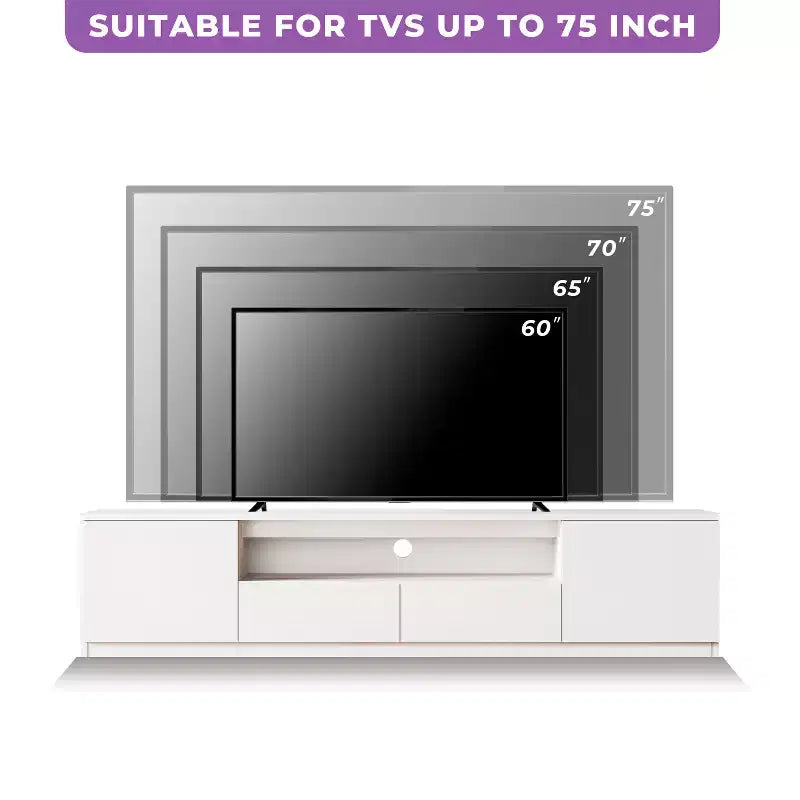 Meuble TV moderne ATJafurn de 300,2 cm pour téléviseurs de 55/65/75 pouces, console média comprenant un meuble TV et un meuble de rangement à 2 tiroirs pour le salon