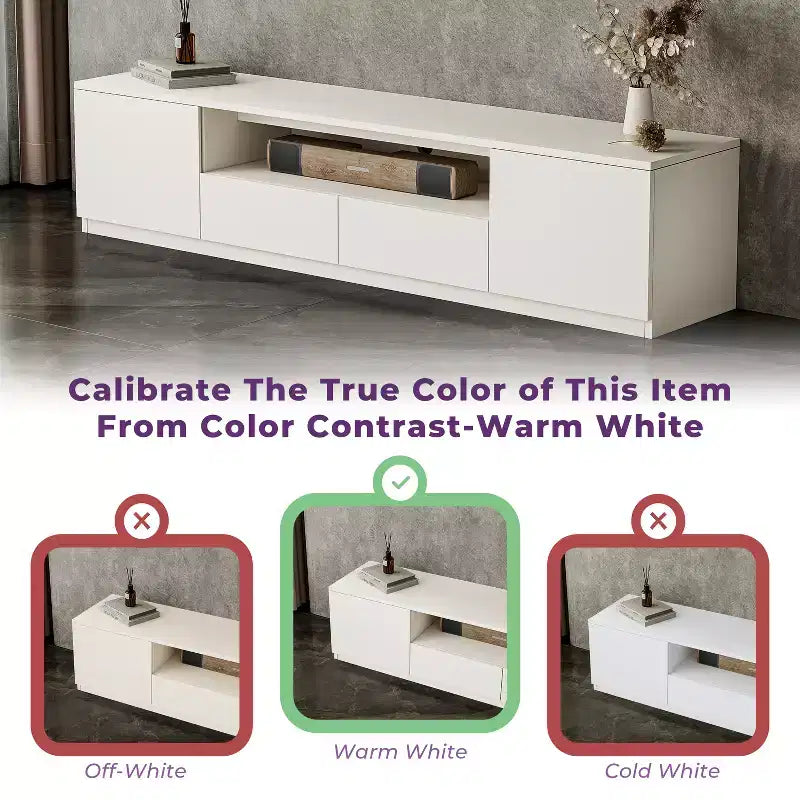 Meuble TV moderne ATJafurn de 300,2 cm pour téléviseurs de 55/65/75 pouces, console média comprenant un meuble TV et un meuble de rangement à 2 tiroirs pour le salon