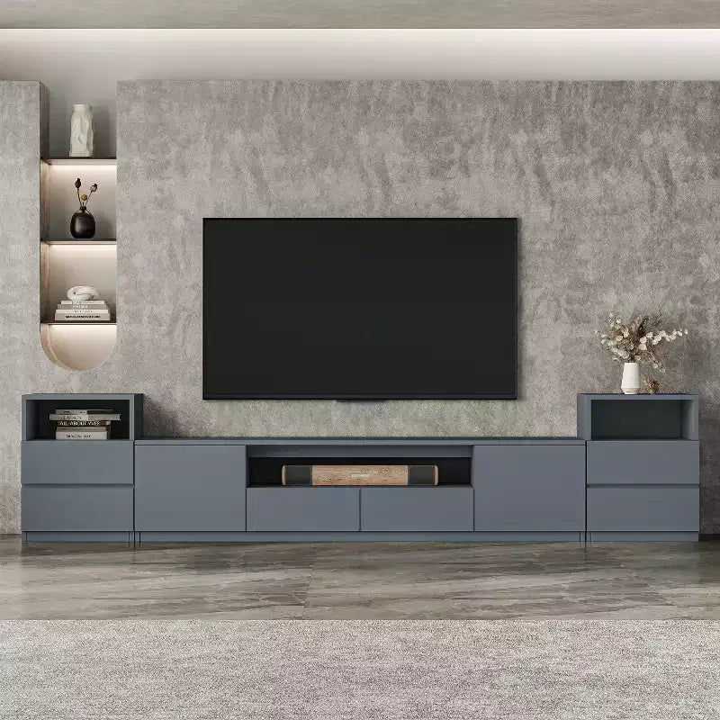 Meuble TV moderne ATJafurn de 300,2 cm pour téléviseurs de 55/65/75 pouces, console média comprenant un meuble TV et un meuble de rangement à 2 tiroirs pour le salon