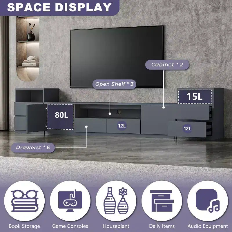 Meuble TV moderne ATJafurn de 300,2 cm pour téléviseurs de 55/65/75 pouces, console média comprenant un meuble TV et un meuble de rangement à 2 tiroirs pour le salon