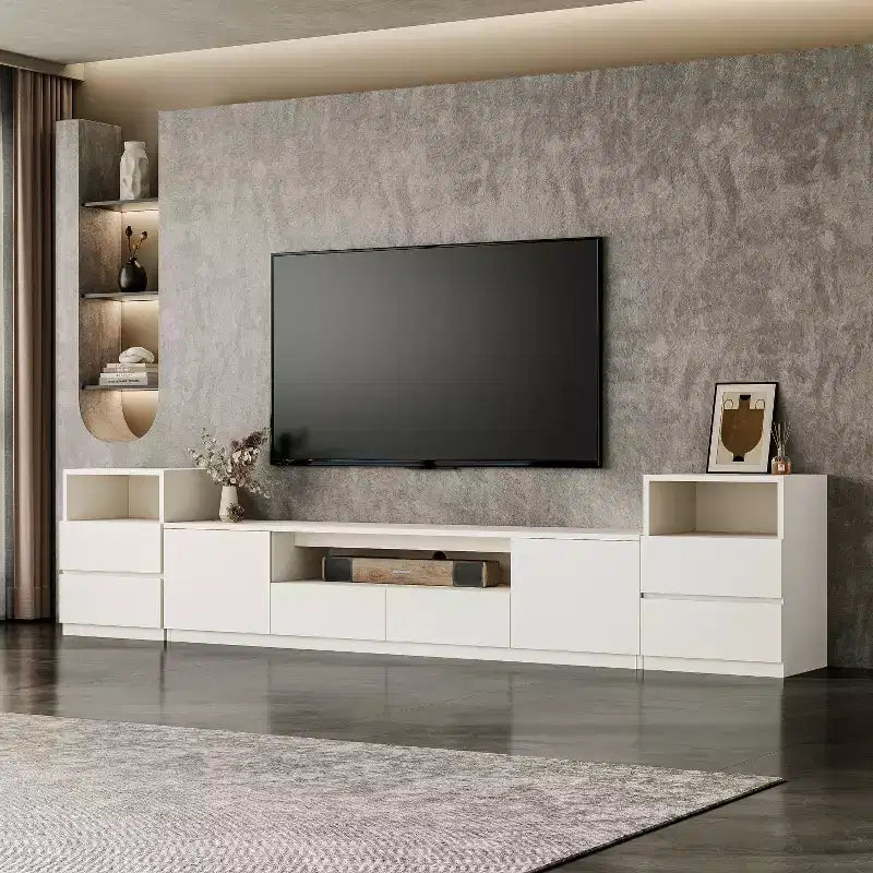 Meuble TV moderne ATJafurn de 300,2 cm pour téléviseurs de 55/65/75 pouces, console média comprenant un meuble TV et un meuble de rangement à 2 tiroirs pour le salon