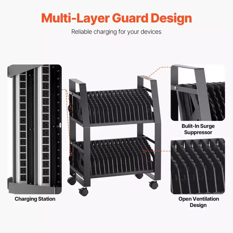 Chariot de chargement VEVOR pour ordinateurs portables, station de chargement mobile ouverte à roulettes pour 32 appareils, pour tablettes et ordinateurs portables jusqu'à 15,6 pouces, noir