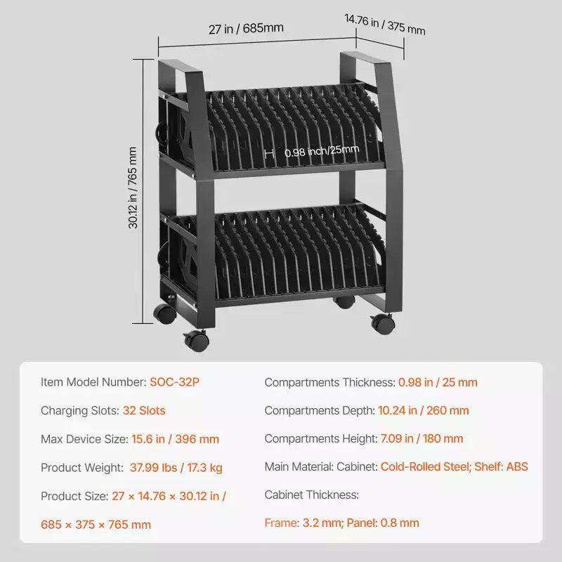 Chariot de chargement VEVOR pour ordinateurs portables, station de chargement mobile ouverte à roulettes pour 32 appareils, pour tablettes et ordinateurs portables jusqu'à 15,6 pouces, noir
