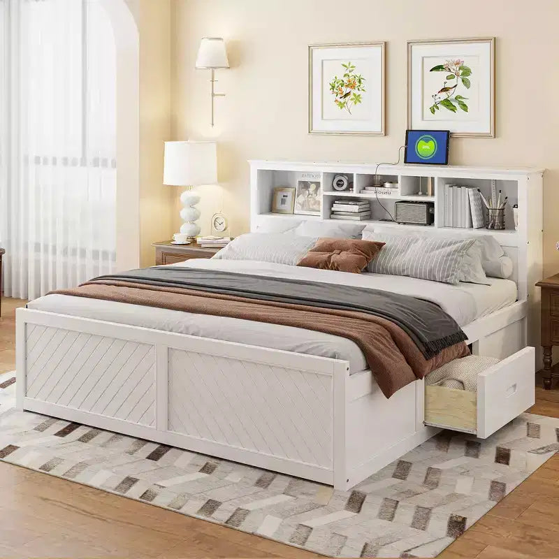 FAMYYT Lit plateforme en bois king size avec tête de lit multi-rangements, USB et tiroirs, montage facile