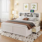 FAMYYT Lit plateforme en bois king size avec tête de lit multi-rangements, USB et tiroirs, montage facile