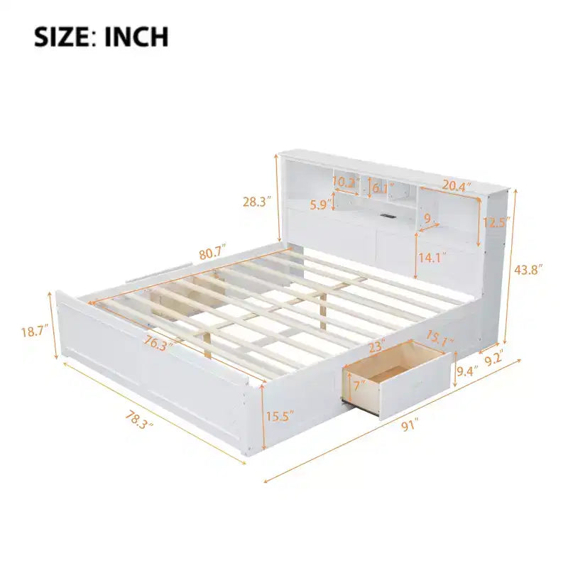 FAMYYT Lit plateforme en bois king size avec tête de lit multi-rangements, USB et tiroirs, montage facile