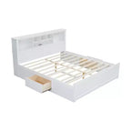 FAMYYT Lit plateforme en bois king size avec tête de lit multi-rangements, USB et tiroirs, montage facile