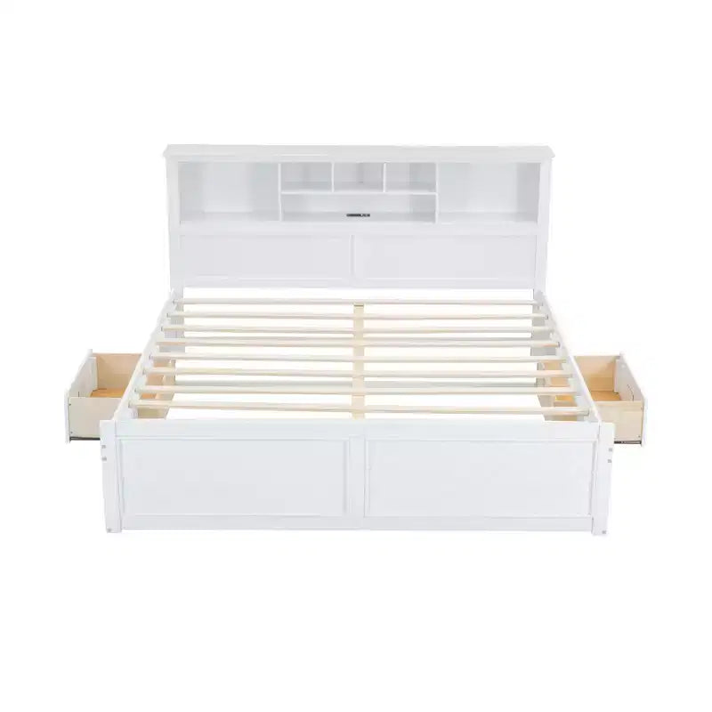 FAMYYT Lit plateforme en bois king size avec tête de lit multi-rangements, USB et tiroirs, montage facile
