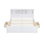 FAMYYT Lit plateforme en bois king size avec tête de lit multi-rangements, USB et tiroirs, montage facile