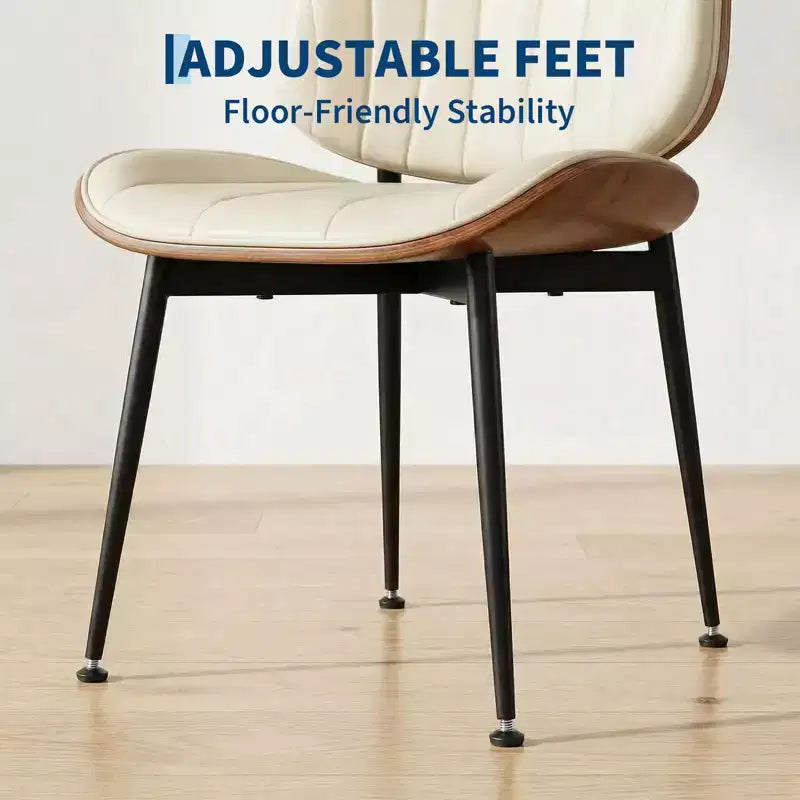 Lot de 2 chaises de salle à manger modernes du milieu du siècle, revêtues de cuir PU avec dossier incurvé en bois de noyer, pieds en métal noir pour cuisine et salle à manger