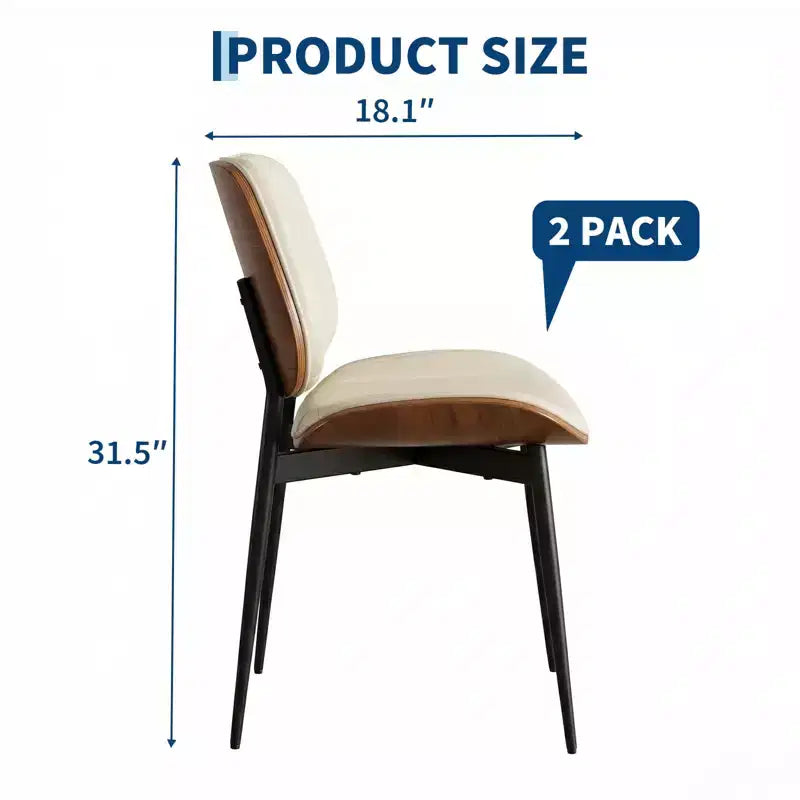 Lot de 2 chaises de salle à manger modernes du milieu du siècle, revêtues de cuir PU avec dossier incurvé en bois de noyer, pieds en métal noir pour cuisine et salle à manger