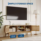 Meuble TV Boho Moderne pour Salon Table Console Multimédia avec Portes Cannelées, Étagères Ouvertes, Meuble de Rangement Convient aux Téléviseurs Jusqu'à 50 Pouces