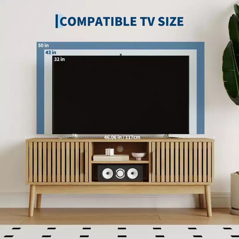 Meuble TV Boho Moderne pour Salon Table Console Multimédia avec Portes Cannelées, Étagères Ouvertes, Meuble de Rangement Convient aux Téléviseurs Jusqu'à 50 Pouces