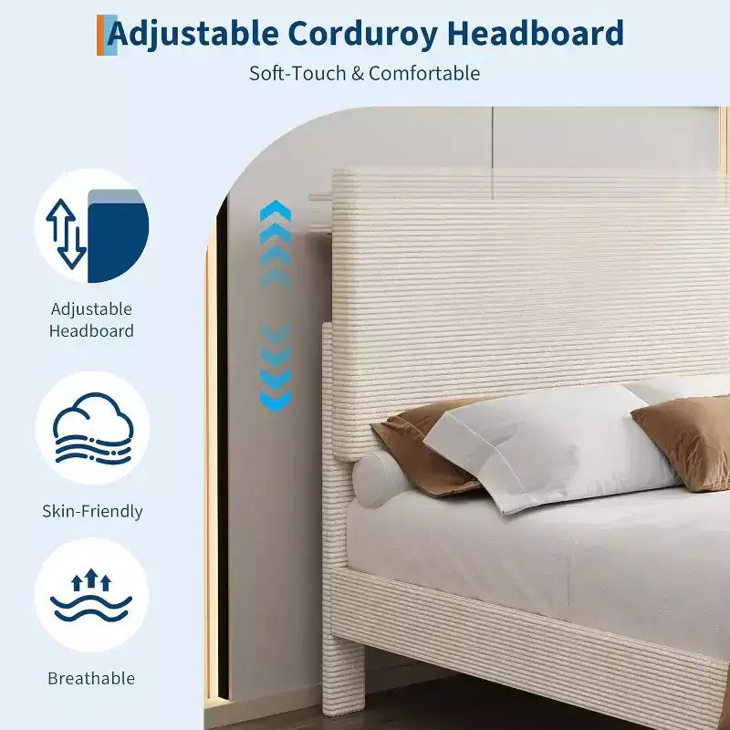 Cadre de lit plateforme rembourré en velours côtelé GustoWave avec tête de lit et station de recharge