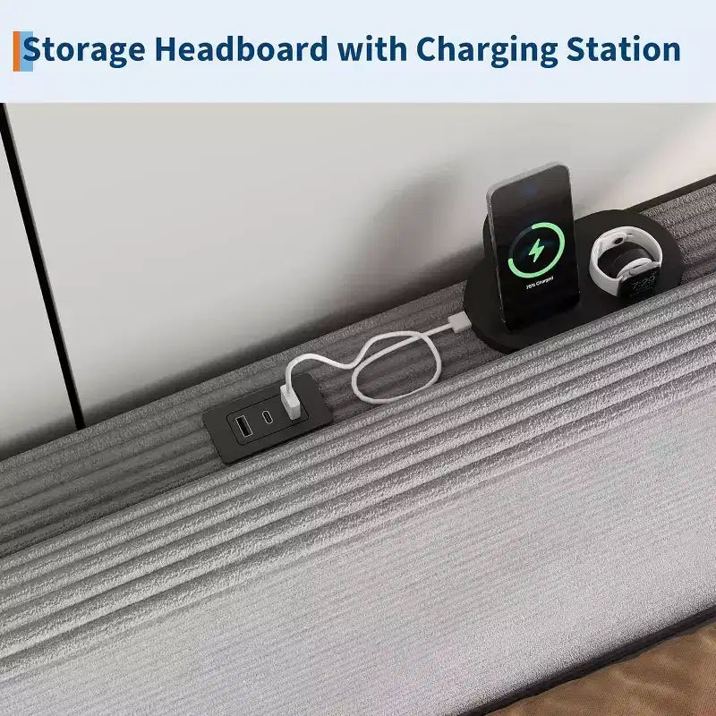 Cadre de lit plateforme rembourré en velours côtelé GustoWave avec tête de lit et station de recharge