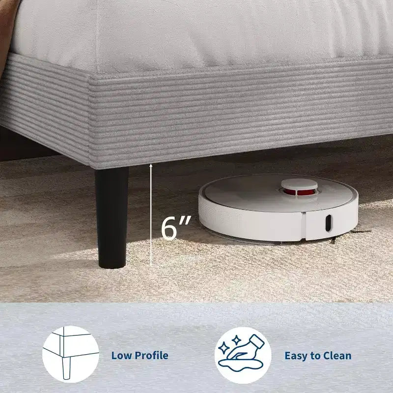 Cadre de lit plateforme rembourré en velours côtelé GustoWave avec tête de lit et station de recharge