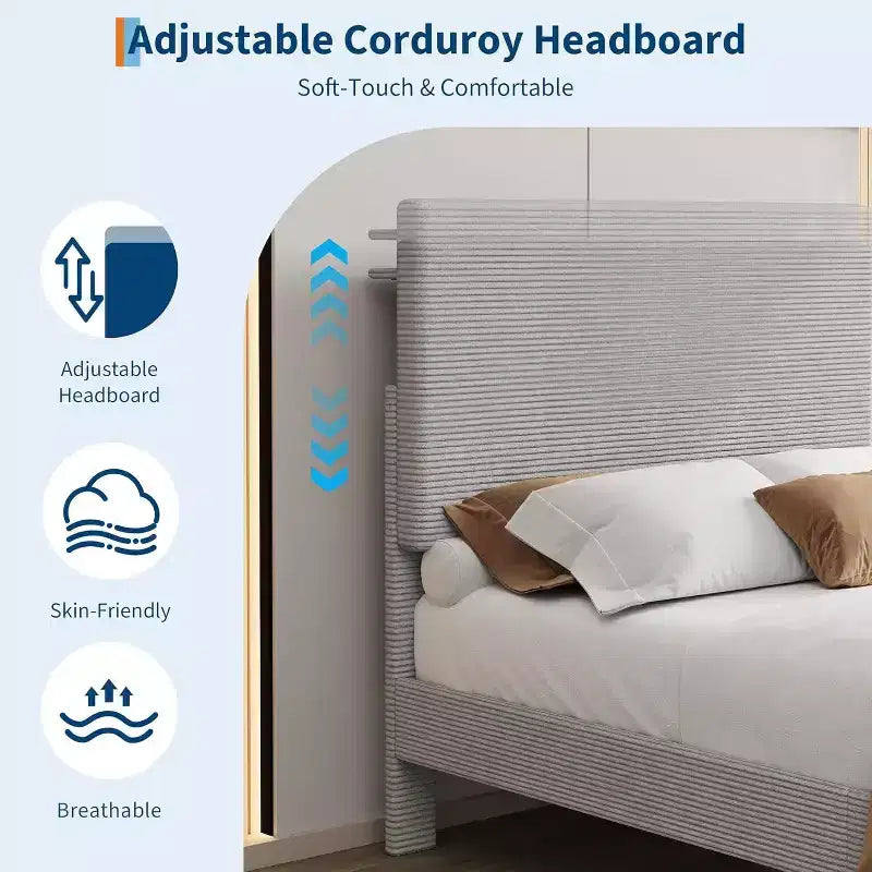 Cadre de lit plateforme rembourré en velours côtelé GustoWave avec tête de lit et station de recharge