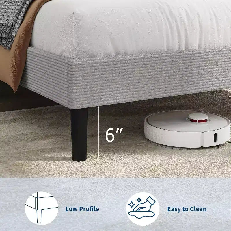 Cadre de lit plateforme rembourré en velours côtelé GustoWave avec tête de lit et station de recharge