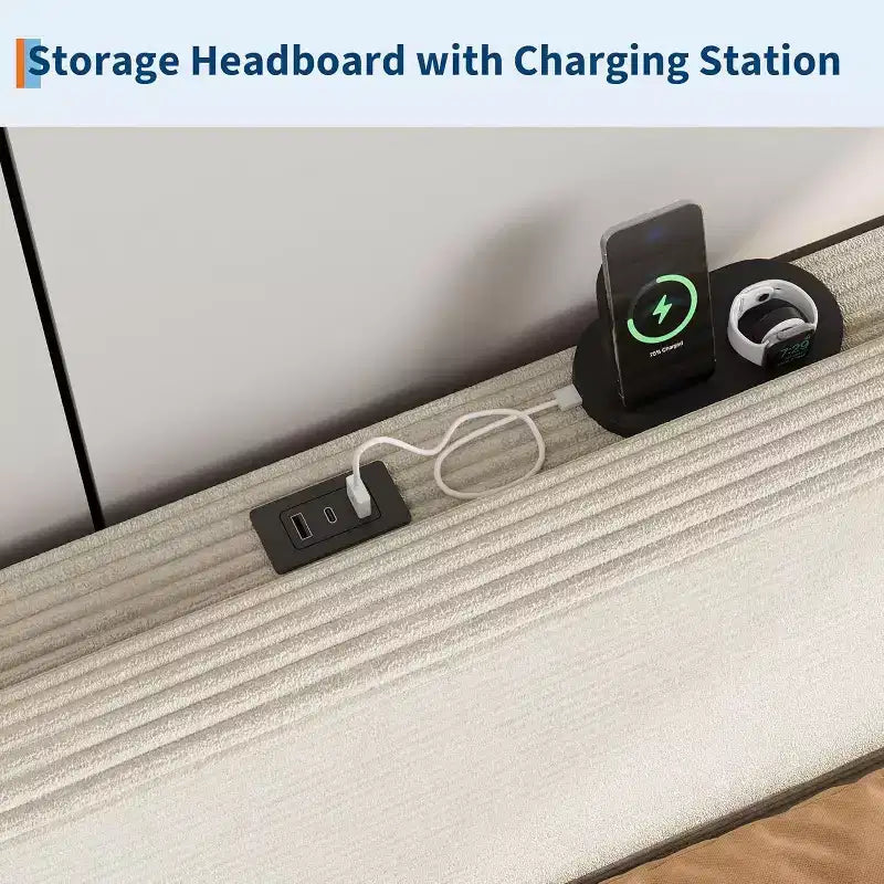 Cadre de lit plateforme rembourré en velours côtelé GustoWave avec tête de lit et station de recharge