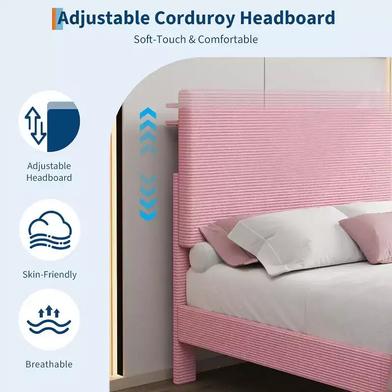 Cadre de lit plateforme rembourré en velours côtelé GustoWave avec tête de lit et station de recharge
