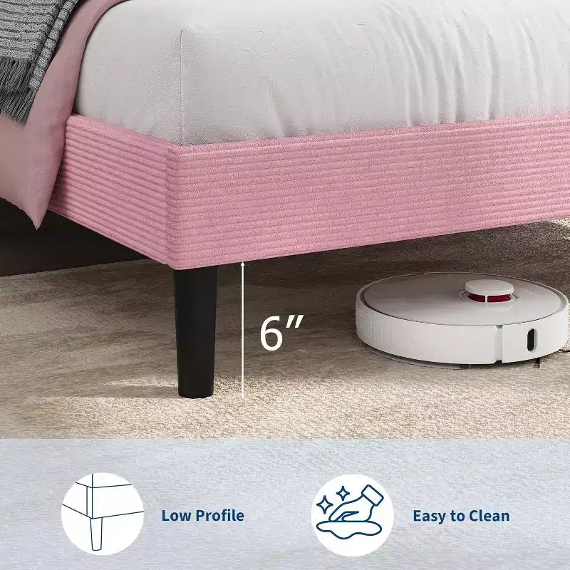 Cadre de lit plateforme rembourré en velours côtelé GustoWave avec tête de lit et station de recharge