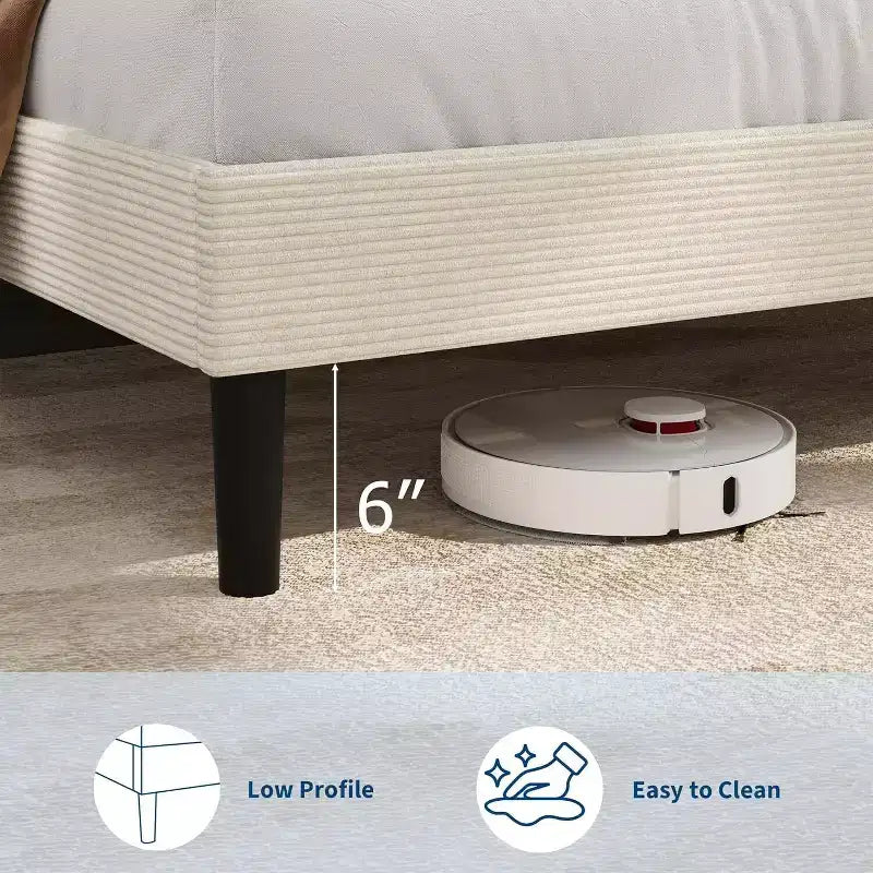 Cadre de lit plateforme rembourré en velours côtelé GustoWave avec tête de lit et station de recharge