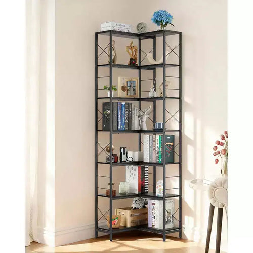 7 Tier Industrial Corner Bookshelf, Wood & Metal Frame, Large Freestanding Display Bookcase for Living Room, Kitchen, Home Office