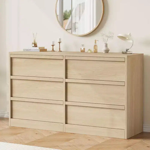 47in Wide Natural Oak 6 Drawer Dresser, Spacious Wooden Chest of Drawers with Large Storage Capacity, for Living Room, Entryway